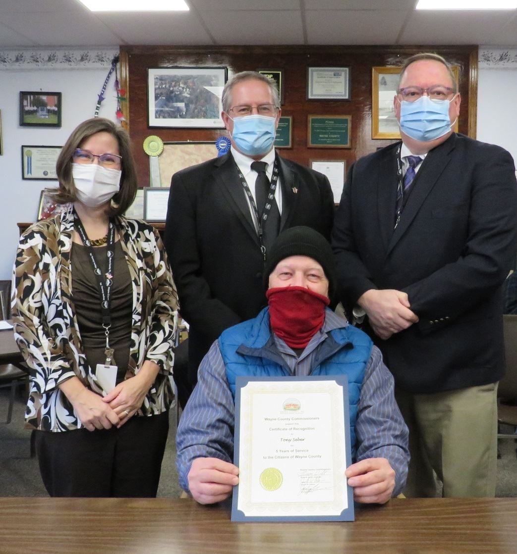 Tony Seber  with the Commissioners marking five years of service to the people of Wayne County.