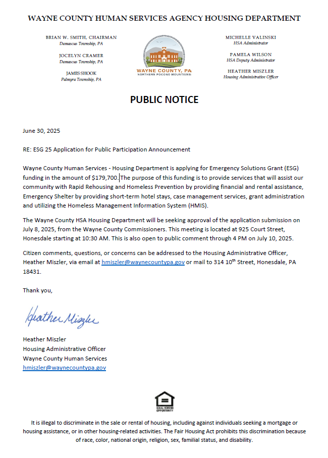 Housing Department is applying for Emergency Solutions Grant (ESG) funding in the amount of $179,700